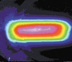 Image obtained using a downconversion beam profiler is a superposition of six 157-nm laser pulses. Pulse energy is 60 mJ, repetition rate is 1 Hz, and beam size is 15 x 35 mm. The beam path between the exit port of the laser and the input aperture of the beam profiler was purged with nitrogen to reduce beam-path losses. Image obtained using a downconversion beam profiler is a superposition of six 157-nm laser pulses. Pulse energy is 60 mJ, repetition rate is 1 Hz, and beam size is 15 x 35 mm. The beam path between the exit port of the laser and the input aperture of the beam profiler was purged with nitrogen to reduce beam-path losses.