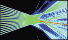 FIGURE 3. In mask layout of a thermo-optical space switch by IBM Research (Zürich, Switzerland), parameterization of the layout allows for fast redesign of the circuit whenever required (top). In logarithmic intensity plot obtained by a beam propagation method simulation of the output region of the thermo-optical space switch, the light is focused onto the second lowest output waveguide (bottom). FIGURE 3. In mask layout of a thermo-optical space switch by IBM Research (Zürich, Switzerland), parameterization of the layout allows for fast redesign of the circuit whenever required (top). In logarithmic intensity plot obtained by a beam propagation method simulation of the output region of the thermo-optical space switch, the light is focused onto the second lowest output waveguide (bottom).