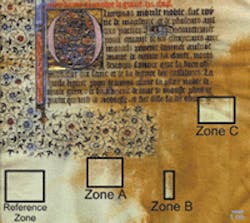 The effects of laser ablation on a muddied 16th-century Islamic parchment were studied with a spectrocolorimeter. The reference zone was untreated, while zones A, B, and C received 10,448, 3851, and 12,523 170-mJ pulses, respectively. The effects of laser ablation on a muddied 16th-century Islamic parchment were studied with a spectrocolorimeter. The reference zone was untreated, while zones A, B, and C received 10,448, 3851, and 12,523 170-mJ pulses, respectively.