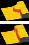 Using second-harmonic radiation at 390 nm and a scanning speed of 5 µm/s, the equipment removed the defect in the mask's chrome coating (upper photo) by producing parallel grooves separated by 100 nm (lower photo). Using second-harmonic radiation at 390 nm and a scanning speed of 5 µm/s, the equipment removed the defect in the mask's chrome coating (upper photo) by producing parallel grooves separated by 100 nm (lower photo).