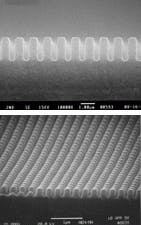 FIGURE 2. Photopolymer-replicated holographic square grating has a 3:1 aspect ratio (top). A two-dimensional motheye grating produced by the same process contains 200-nm features reproduced with high fidelity (bottom). FIGURE 2. Photopolymer-replicated holographic square grating has a 3:1 aspect ratio (top). A two-dimensional motheye grating produced by the same process contains 200-nm features reproduced with high fidelity (bottom).