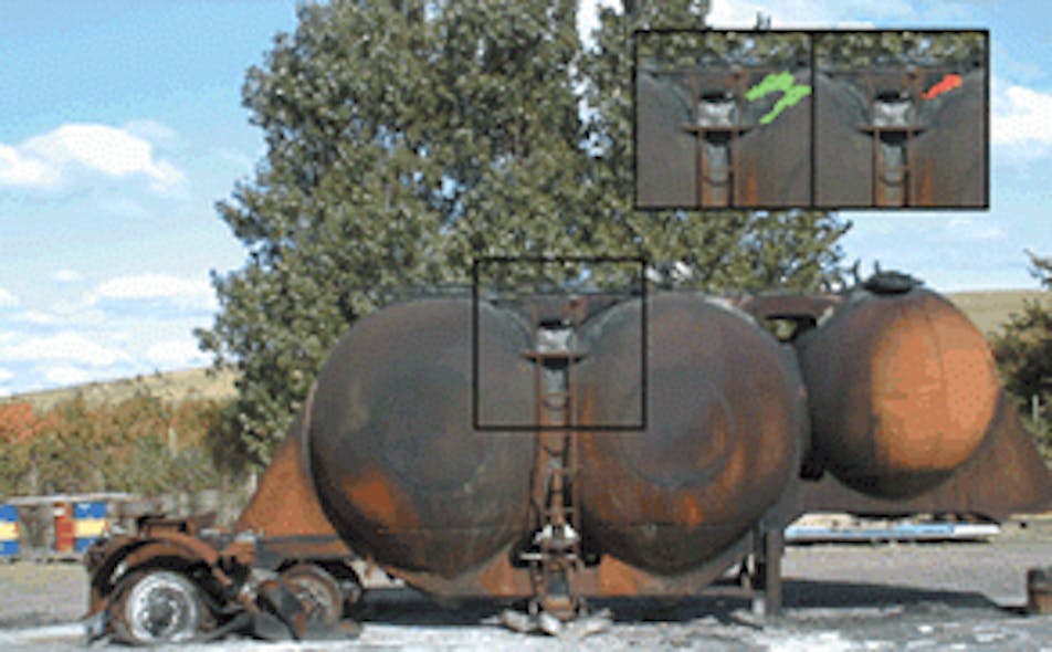 When imaging a burnt-out tank truck, researchers detected a gas leak of ethylene and ammonia (inset, left), which had spectra that overlapped, then used a gas-correlation cell to separate out the ammonia (inset, right).