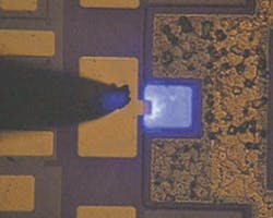 Multiple-quantum-well GaN/InGaN light-emitting diode fabricated over (111) silicon emits at 465 nm.