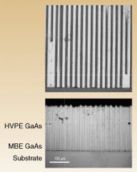 FIGURE 2. HVPE process was required to grow 200-µm-thick orientation-patterned film with 27-µm grating period seen from above (top) and in stained, etched cross section. FIGURE 2. HVPE process was required to grow 200-µm-thick orientation-patterned film with 27-µm grating period seen from above (top) and in stained, etched cross section.