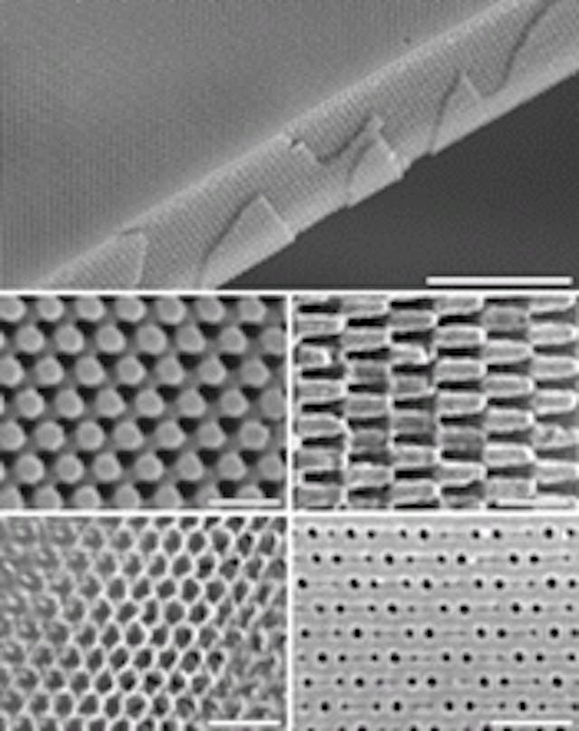 FIGURE 1. Holographic exposure and subsequent development of 10-&micro;m-thick photoresist produces a three-dimensional photonic crystal (top). Close-ups of two different crystalline planes show structure details (center left and right). Titanium dioxide photonic crystal is formed using the photoresist as a template (bottom left). Along with face-centered cubic photonic crystals, body-centered cubic crystals can also be made, in this case with features down to 50 nm in size (bottom right). Scale bar for these figures is 1 &micro;m.