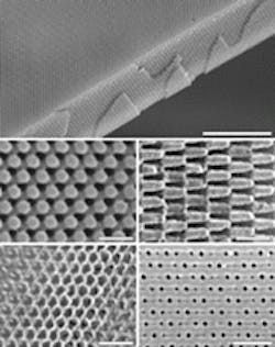FIGURE 1. Holographic exposure and subsequent development of 10-µm-thick photoresist produces a three-dimensional photonic crystal (top). Close-ups of two different crystalline planes show structure details (center left and right). Titanium dioxide photonic crystal is formed using the photoresist as a template (bottom left). Along with face-centered cubic photonic crystals, body-centered cubic crystals can also be made, in this case with features down to 50 nm in size (bottom right). Scale bar for these figures is 1 µm. FIGURE 1. Holographic exposure and subsequent development of 10-µm-thick photoresist produces a three-dimensional photonic crystal (top). Close-ups of two different crystalline planes show structure details (center left and right). Titanium dioxide photonic crystal is formed using the photoresist as a template (bottom left). Along with face-centered cubic photonic crystals, body-centered cubic crystals can also be made, in this case with features down to 50 nm in size (bottom right). Scale bar for these figures is 1 µm.
