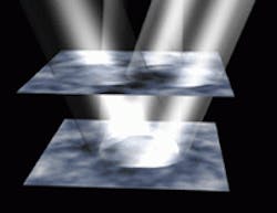 Two atmospheric layers aberrate light incoming from three seperate astronimical objects. Because the pupil of the telescope is at ground level, a low perturbing layer aberrates the wavefronts similarly, while a high-altitude layer adds individual aberrations to each wavefront. Although in reality the perturbations occur over a three-dimensional continuum, tomographic modeling of a few limited layers results in an adequate model. (Image orginally appeared in Nature 403, 54, 6 Jan. 2000. Used with permission.) Two atmospheric layers aberrate light incoming from three seperate astronimical objects. Because the pupil of the telescope is at ground level, a low perturbing layer aberrates the wavefronts similarly, while a high-altitude layer adds individual aberrations to each wavefront. Although in reality the perturbations occur over a three-dimensional continuum, tomographic modeling of a few limited layers results in an adequate model. (Image orginally appeared in Nature 403, 54, 6 Jan. 2000. Used with permission.)