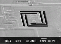 FIGURE 1. In a microbolometer array, individual elements consist of an absorber unit suspended by electrical conductors. By measuring changes in the resistance of the element, scientists can determine both temperature changes and IR input.