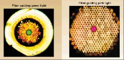 Hollow-core photonic bandgap fibers guide only certain wavelengths, depending on their design. These fibers are illuminated with white light.