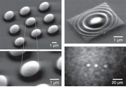 An atomic-force-microscope (AFM) gray-scale patterning technique allows microlens arrays to be fabricated with superior focal lengths and low surface-roughness values of approximately 1 nm (left, top and bottom; scanning-electron micrograph). The process also can be used to fabricate unusual or arbitrarily shaped microlenses (top right; scanning-electron micrograph), difficult if not impossible to create using standard resist-reflow techniques. An infrared optical image of a 1 × 3 microlens array (bottom right) confirms the focusing function of AFM-patterned silicon microlenses. An atomic-force-microscope (AFM) gray-scale patterning technique allows microlens arrays to be fabricated with superior focal lengths and low surface-roughness values of approximately 1 nm (left, top and bottom; scanning-electron micrograph). The process also can be used to fabricate unusual or arbitrarily shaped microlenses (top right; scanning-electron micrograph), difficult if not impossible to create using standard resist-reflow techniques. An infrared optical image of a 1 × 3 microlens array (bottom right) confirms the focusing function of AFM-patterned silicon microlenses.