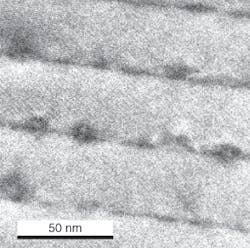 FIGURE 1. A cross-sectional bright-field transmission-electron-microscopy image can reveal multiple, self-assembled indium arsenide quantum-dot layers embedded in gallium arsenide barriers. FIGURE 1. A cross-sectional bright-field transmission-electron-microscopy image can reveal multiple, self-assembled indium arsenide quantum-dot layers embedded in gallium arsenide barriers.