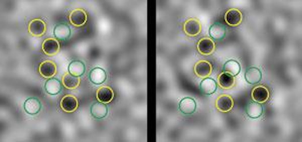 Similar patterns showing the correlation of atoms at different energy levels are evident in images of noise patterns taken immediately after molecules have been dissociated into entangled atom pairs. Patterns are actually shadow images of laser-light absorption by potassium atoms in two different groups, each at a different energy level. High concentrations of atoms absorbing light are circled in yellow; relatively low concentrations are circled in green.