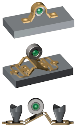 FIGURE 3. Development of a compact transceiver is enabled by new lens mounting technology that allows submicron lens positioning in the optical package. A 'simple bracket' is used to translate coarse operator manipulation into precise positioning of the lens (top). A more precise 'compound bracket' augments the simple bracket by providing enhanced precision using spring attenuation (center). The compound bracket is manipulated and then welded into position in a procedure similar to the simple bracket (bottom), followed by a secondary fine adjustment. FIGURE 3. Development of a compact transceiver is enabled by new lens mounting technology that allows submicron lens positioning in the optical package. A 'simple bracket' is used to translate coarse operator manipulation into precise positioning of the lens (top). A more precise 'compound bracket' augments the simple bracket by providing enhanced precision using spring attenuation (center). The compound bracket is manipulated and then welded into position in a procedure similar to the simple bracket (bottom), followed by a secondary fine adjustment.