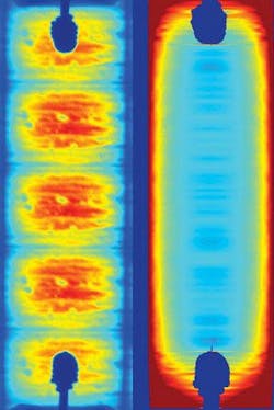 A montage of five separate images shows x-rays absorption by the fused-silica housing and mercury atoms of an HID lamp (left). X-rays are converted to visible photons using a phosphor and detected with a CCD camera. Mathematical processing converts the individual shadow images (left) into a single image (right), representing the spatial distribution of mercury. Density increases as the (false) color shifts from blue to red. A montage of five separate images shows x-rays absorption by the fused-silica housing and mercury atoms of an HID lamp (left). X-rays are converted to visible photons using a phosphor and detected with a CCD camera. Mathematical processing converts the individual shadow images (left) into a single image (right), representing the spatial distribution of mercury. Density increases as the (false) color shifts from blue to red.