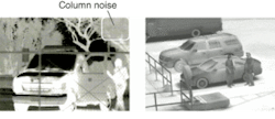 FIGURE 3. Images produced by uncooled IR focal-plane arrays show improvements in spatial-pattern noise and NETD achieved with a modified ROIC design. The initial design has columnar pattern noise caused by unexpectedly high MOSFET 1/f noise (left). The modified design has no perceptible columnar noise (right). FIGURE 3. Images produced by uncooled IR focal-plane arrays show improvements in spatial-pattern noise and NETD achieved with a modified ROIC design. The initial design has columnar pattern noise caused by unexpectedly high MOSFET 1/f noise (left). The modified design has no perceptible columnar noise (right).