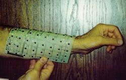 A proximity-sensing robot-skin module consists of a square array of 64 IR-sensor pairs (infrared LED emitters and detectors). A proximity-sensing robot-skin module consists of a square array of 64 IR-sensor pairs (infrared LED emitters and detectors).