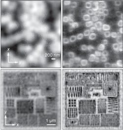 A fluorescent pattern was imaged with diffraction-limited confocal microscopy (upper left) and STED microscopy (upper right), which images below the diffraction limit. Patterns written in dyed PMMA by an electron beam were imaged confocally (lower left) and by STED (lower right); in this case, both images were enhanced by linear Wiener filtering. A fluorescent pattern was imaged with diffraction-limited confocal microscopy (upper left) and STED microscopy (upper right), which images below the diffraction limit. Patterns written in dyed PMMA by an electron beam were imaged confocally (lower left) and by STED (lower right); in this case, both images were enhanced by linear Wiener filtering.