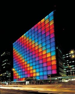High-flux LEDs enable architectural displays such as this rainbow facade at the Kuo Hua Commercial Insurance Building (Taipei, Taiwan). High-flux LEDs enable architectural displays such as this rainbow facade at the Kuo Hua Commercial Insurance Building (Taipei, Taiwan).