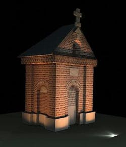 This exterior illumination model of the front of a church was produced using SPEOS software from Optis. This exterior illumination model of the front of a church was produced using SPEOS software from Optis.