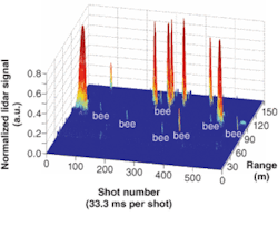 Lidar sensing of chemically sensitive bees reveals the locations of chemical plumes emitted by buried land mines (top). Observing the lidar setup as it scans a minefield (bottom) are Montana State University graduate student Nathan Seldomridge (left) and NOAA electronics engineering researcher Jim Wilson (right) Lidar sensing of chemically sensitive bees reveals the locations of chemical plumes emitted by buried land mines (top). Observing the lidar setup as it scans a minefield (bottom) are Montana State University graduate student Nathan Seldomridge (left) and NOAA electronics engineering researcher Jim Wilson (right)