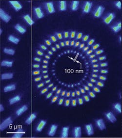 An image of a ring test pattern was obtained using a compact 46.9-nm capillary-discharge laser and a zone-plate-based imaging system with 200-nm outer zone width and 470× magnification. Total exposure time was 10 s (10 laser shots at a 1-Hz repetition rate). The rectangular features in the central ring of the test pattern have a width of approximately 100 nm. An image of a ring test pattern was obtained using a compact 46.9-nm capillary-discharge laser and a zone-plate-based imaging system with 200-nm outer zone width and 470× magnification. Total exposure time was 10 s (10 laser shots at a 1-Hz repetition rate). The rectangular features in the central ring of the test pattern have a width of approximately 100 nm.