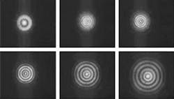 A 1-mm-diameter axicon produces a Bessel beam useful for optical trapping. Its intensity profile was measured at distances of 2.5, 10, and 12 cm (top left to right); and 16, 20, and 25 cm (bottom left to right). The propagation-invariant distance, within which the center spot remained approximately the same in diameter (80 µm), was measured to be about 20 cm. A 1-mm-diameter axicon produces a Bessel beam useful for optical trapping. Its intensity profile was measured at distances of 2.5, 10, and 12 cm (top left to right); and 16, 20, and 25 cm (bottom left to right). The propagation-invariant distance, within which the center spot remained approximately the same in diameter (80 µm), was measured to be about 20 cm.