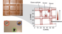 FIGURE 1. Using a terahertz time-domain spectroscopy imaging technique, a small stone, a glass splinter, and a metallic screw can be clearly identified within an opaque chocolate bar. The image shows the transmitted intensity in the frequency window between 0.4 and 0.5 THz on a logarithmic scale. FIGURE 1. Using a terahertz time-domain spectroscopy imaging technique, a small stone, a glass splinter, and a metallic screw can be clearly identified within an opaque chocolate bar. The image shows the transmitted intensity in the frequency window between 0.4 and 0.5 THz on a logarithmic scale.