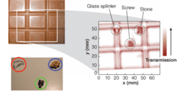 FIGURE 1. Using a terahertz time-domain spectroscopy imaging technique, a small stone, a glass splinter, and a metallic screw can be clearly identified within an opaque chocolate bar. The image shows the transmitted intensity in the frequency window between 0.4 and 0.5 THz on a logarithmic scale. FIGURE 1. Using a terahertz time-domain spectroscopy imaging technique, a small stone, a glass splinter, and a metallic screw can be clearly identified within an opaque chocolate bar. The image shows the transmitted intensity in the frequency window between 0.4 and 0.5 THz on a logarithmic scale.