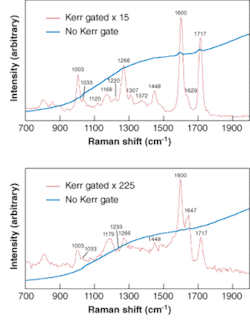 Kerr-gated and ungated Raman spectra of 86% (top) and 75% (bottom) cocaine hydrochloride street-drug samples illustrate the large reduction in background fluorescence that Kerr gating provides, revealing the spectral peaks. Kerr-gated and ungated Raman spectra of 86% (top) and 75% (bottom) cocaine hydrochloride street-drug samples illustrate the large reduction in background fluorescence that Kerr gating provides, revealing the spectral peaks.