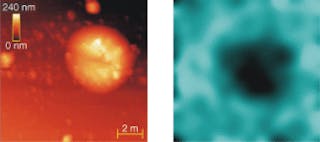FIGURE 1. A near-field optical microscopic method that measures cathodoluminescence (right) from a GaN film can be combined with topographic imaging from a scanning electron microscope (SEM; left) to reveal intimate details about defects. When the electron beam bombards the 7-&micro;m-wide bump, the SEM images a bright blob. In response to the electron bombardment, multichromatic light is emitted from most of the film surface but very little comes from the bump. This provides clues about the minority carrier diffusion lengths in the defect. Near-field optics is crucial for this work because in far-field cathodoluminescent studies this signal is swamped by luminescence from the film under the bump.