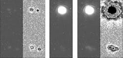 An achromatic interferometric nulling setup contains a bright broadband on-axis source and a dim off-axis source; the off-axis source appears as two images-which here are shown twice, without nulling (top) and with nulling (bottom). First, the off-axis source is switched on and is visualized unenhanced (far left) and enhanced (center left). Next, the bright source is switched on and is shown unnulled (center top) and nulled (center bottom). Finally, both the on- and of-axis sources are switched on and seen with the on-axis source unnulled (right top, unenhanced, and far-right top, enhanced) and nulled (right bottom, unenhanced, and far-right bottom, enhanced). The nulling depth of 10-3 matches theory for the extended on-axis source; a star could be nulled to 10-10. An achromatic interferometric nulling setup contains a bright broadband on-axis source and a dim off-axis source; the off-axis source appears as two images-which here are shown twice, without nulling (top) and with nulling (bottom). First, the off-axis source is switched on and is visualized unenhanced (far left) and enhanced (center left). Next, the bright source is switched on and is shown unnulled (center top) and nulled (center bottom). Finally, both the on- and of-axis sources are switched on and seen with the on-axis source unnulled (right top, unenhanced, and far-right top, enhanced) and nulled (right bottom, unenhanced, and far-right bottom, enhanced). The nulling depth of 10-3 matches theory for the extended on-axis source; a star could be nulled to 10-10.
