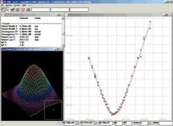 Optical-design software models the effects of clipping and aberrations on a Gaussian beam (bottom); here, an ideal (M2 = 1) beam propagates through a high-quality optical system, which adds a small amount of aberration-seen in the beam's phase profile (the 'devil's horns' shape). There is little energy at the point at which the phase error is largest, however, and so the M2 of the final beam is only 1.08. An M2 measurement of a high-quality frequency-doubled Nd:YAG laser beam shows the focusing caustic (top, right), the beam profile (top, left), and the measured results of an M2 of 1.01. Optical-design software models the effects of clipping and aberrations on a Gaussian beam (bottom); here, an ideal (M2 = 1) beam propagates through a high-quality optical system, which adds a small amount of aberration-seen in the beam's phase profile (the 'devil's horns' shape). There is little energy at the point at which the phase error is largest, however, and so the M2 of the final beam is only 1.08. An M2 measurement of a high-quality frequency-doubled Nd:YAG laser beam shows the focusing caustic (top, right), the beam profile (top, left), and the measured results of an M2 of 1.01.