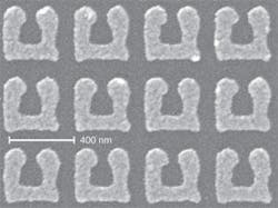 FIGURE 1. A metamaterial with nanoscale feature sizes has a magnetic resonance for 3-µm light-an important step toward the fabrication of a negative-refractive-index material at that wavelength. FIGURE 1. A metamaterial with nanoscale feature sizes has a magnetic resonance for 3-µm light-an important step toward the fabrication of a negative-refractive-index material at that wavelength.