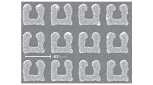 FIGURE 1. A metamaterial with nanoscale feature sizes has a magnetic resonance for 3-&micro;m light-an important step &shy;toward the fabrication of a negative-refractive-index material at that wavelength.