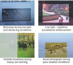 FIGURE 5. Real-time pixel-by-pixel image enhancement cuts through fog and haze; the distance-based scattering-compensation algorithm operates on each color (red, blue, and green) separately.