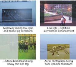 FIGURE 5. Real-time pixel-by-pixel image enhancement cuts through fog and haze; the distance-based scattering-compensation algorithm operates on each color (red, blue, and green) separately. FIGURE 5. Real-time pixel-by-pixel image enhancement cuts through fog and haze; the distance-based scattering-compensation algorithm operates on each color (red, blue, and green) separately.