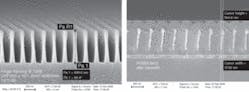 FIGURE 2. A scanning-electron-microscope photo of two typical subwavelength diffraction gratings shows their nanostructure. An embedded wire-grid polarizer (left) operates in the near-IR wavelength range; its metallic grating is fully embedded in a dielectric material for robustness and reliability. A high-aspect-ratio silicon dioxide grating (right) is at the core of a near-IR waveplate device.