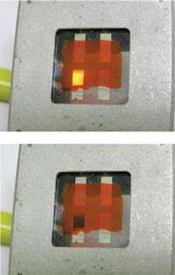 A dual high-performance emissive (top) and power-saving reflective (bottom) display is achieved by sandwiching two different polymer materials between electrodes. The display mode depends on the polarity of the applied voltage. The area of the display is a square region defined by the overlapping of the top and bottom electrodes.