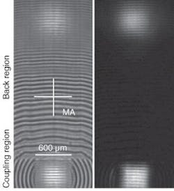 FIGURE 2. Fundamental-mode intensity distribution in the plane of the diffractive mirror when the laser is slightly pumped above threshold reveals the diffractive structure (left). When the laser is pumped harder (8.1 W) only the beam spots show (right). The back-reflecting region of the diffractive mirror is at top. FIGURE 2. Fundamental-mode intensity distribution in the plane of the diffractive mirror when the laser is slightly pumped above threshold reveals the diffractive structure (left). When the laser is pumped harder (8.1 W) only the beam spots show (right). The back-reflecting region of the diffractive mirror is at top.