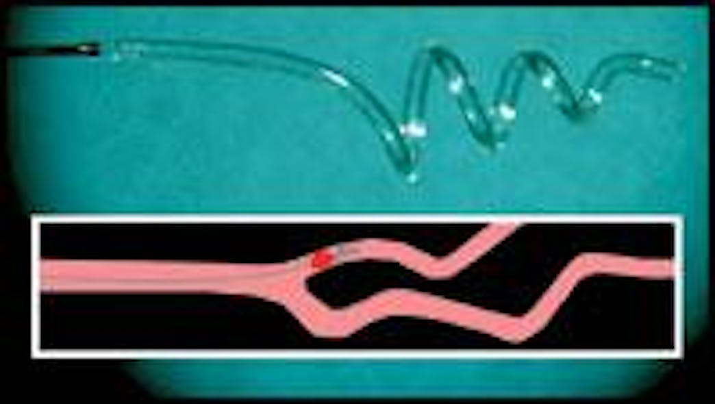 A polymer actuator changes from a straight rod to a corkscrew when channeling a few watts of near-IR laser light (top). The corkscrew shape may allow clots to be pulled from arteries (bottom).