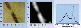 Optical and Raman images (top and center, respectively) as well as Raman spectra (bottom) display the dominant features of preserved biogenic carbon in a fossil bacterial filament about 2.1 billion years old and 1 &micro;m in diameter.