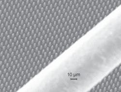 FIGURE 2. This scanning-electron-microscope (SEM) picture shows an array of indium bumps on 8-µm centers. Each indium bump is approximately 4 µm at the base. A human hair has been placed on the array for comparison. FIGURE 2. This scanning-electron-microscope (SEM) picture shows an array of indium bumps on 8-µm centers. Each indium bump is approximately 4 µm at the base. A human hair has been placed on the array for comparison.