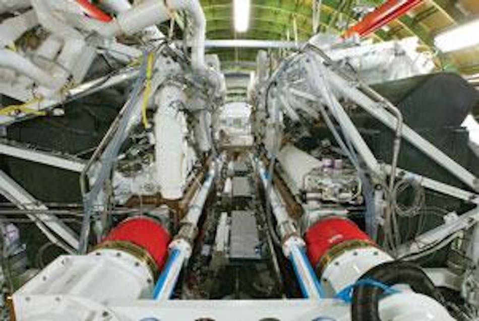 This photo, taken inside the System Integration Laboratory (Edwards AFB, CA) shows the six modules of the chemical oxygen-iodine laser that will be used in the ABL. Three on each side of an &apos;aisle&apos; will run down the center of the aft section of the modified Boeing 747-400F aircraft. Testing of the modules formally ended on Dec. 9, 2005, after engineers reached their goal of a 10-plus-second lase and power levels allowing for about 95% of predicted lethal range against all classes of ballistic missiles. The modules will now be taken apart and prepared for installation inside the ABL aircraft when it returns to Edwards from Wichita, Kansas, where final aircraft modifications are being made.