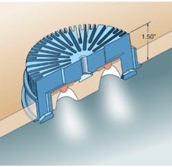 FIGURE 2. The Lighting Research Center at Rensselaer Polytechnic Institute evaluated white LEDs for use in elevators. The prototype downlights consisted of six 3-W high-flux white LEDs in a compact custom reflector and heat-sink package. The downlights were recessed into the ceiling and required less than two inches of space above the ceiling panel. FIGURE 2. The Lighting Research Center at Rensselaer Polytechnic Institute evaluated white LEDs for use in elevators. The prototype downlights consisted of six 3-W high-flux white LEDs in a compact custom reflector and heat-sink package. The downlights were recessed into the ceiling and required less than two inches of space above the ceiling panel.