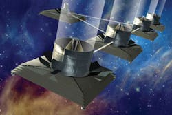 FIGURE 3. In NASA's Terrestrial Planet Finder Interferometry mission, four separate spacecraft will fly in a constellation and beam infrared light to one another, using nulling interferometry to make detailed observations of stars and planets. FIGURE 3. In NASA's Terrestrial Planet Finder Interferometry mission, four separate spacecraft will fly in a constellation and beam infrared light to one another, using nulling interferometry to make detailed observations of stars and planets.