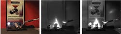 FIGURE 3. A visible image clearly shows a red laser and LED flashlight in a scene (left).The same scene imaged with InGaAs SWIR camera only loses visible details (middle). And the same scene imaged with a dual-wavelength visible-InGaAs camera shows much greater detail, imaging both visible and SWIR wavebands (right). FIGURE 3. A visible image clearly shows a red laser and LED flashlight in a scene (left).The same scene imaged with InGaAs SWIR camera only loses visible details (middle). And the same scene imaged with a dual-wavelength visible-InGaAs camera shows much greater detail, imaging both visible and SWIR wavebands (right).