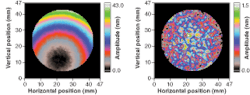 FIGURE 3. Thickness profile maps of the lithium niobate wafer before correction and after the second corrective process show the large improvement in flatness. FIGURE 3. Thickness profile maps of the lithium niobate wafer before correction and after the second corrective process show the large improvement in flatness.