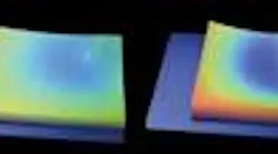 FIGURE 1. An underlying fragment of unremoved photoresist hinders a mirror’s motion and consequently deforms its shape. This hidden micromirror defect is revealed and quantified by the Wyko NT1100 DMEMS Optical Profiler.