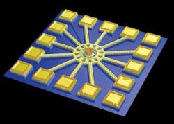 FIGURE 4. One pixel of a Texas Instruments digital micromirror device is imaged with a Dimension 3100 atomic-force microscope from Veeco Instruments. FIGURE 4. One pixel of a Texas Instruments digital micromirror device is imaged with a Dimension 3100 atomic-force microscope from Veeco Instruments.