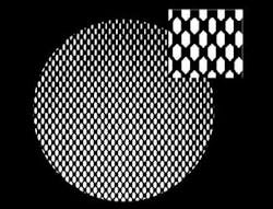 FIGURE 2. An optical correction mask is used for the first correction of a lithium niobate wafer (inset shows the detail of the aperture shapes). The apexes of apertures from one row coincide with the nominally parallel sections of the apertures from the adjacent rows. FIGURE 2. An optical correction mask is used for the first correction of a lithium niobate wafer (inset shows the detail of the aperture shapes). The apexes of apertures from one row coincide with the nominally parallel sections of the apertures from the adjacent rows.